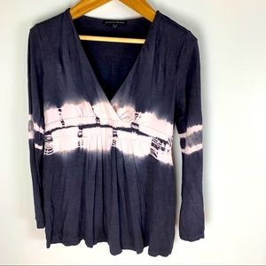 Boston Proper Tie Dyed V neck Tunic Top Gathered waist Long Sleeve Blue White
